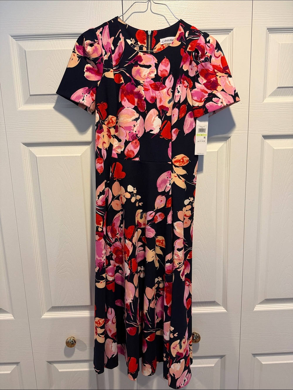 Calvin Klein Navy Floral Midi Dress with Pink & Red Accents..short sleeve size4